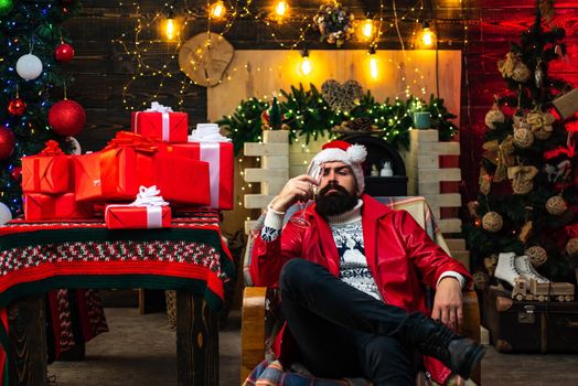 Hipster santa claus. New year mood. Christmas Celebration holiday. New year party. Santa drunk