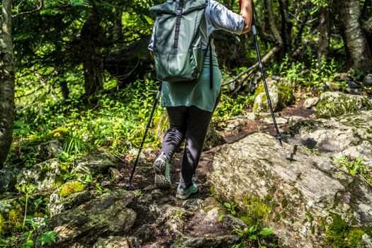 Rear view of woman engaged in nordic walking on rocky path.