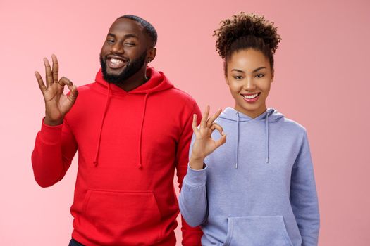 Two african-american skilful coworkers professionals assured friend everything perfect smiling broadly delighted nodding agree approval gesture show okay ok not bad choice sign, pink background.