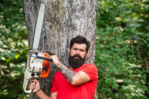 Professional lumberjack holding chainsaw in the forest. Woodcutter with axe or chainsaw in the summer forest. Agriculture and forestry theme. Harvest of timber