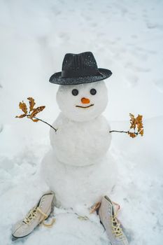Funny snowman with a carrot instead of a nose and in a warm knitted hat on a snowy meadow on a blurred snow background. Snowman in a scarf and hat.