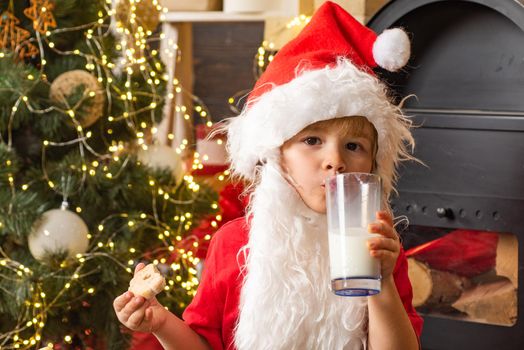 Kid Santa Claus takes a cookie on Christmas Eve as a thank you gift for leaving presents to a grateful boy or girl. Santa Claus holding Christmas cookies and milk against Christmas tree background