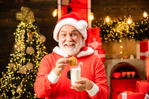 Happy Santa Claus eating a cookie and drinking glass of milk at home Christmas interior. Santa Claus enjoys cookies and milk left out for him on Christmas eve