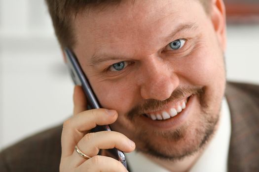 Handsome smiling businessman talk cellphone in office portrait. Stay in touch solution negotiate meeting job white collar busy life style electronic device store professional training concept