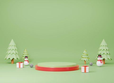 Happy New Year and Christmas day, beautiful podium cylinder decorated with christmas tree, gift box and snowman on green background, Product presentation blank podium, 3D Rendering illustration