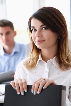 Beautiful smiling businesswoman portrait at workplace look in camera. White collar worker at workspace exchange market job offer certified public accountant internal Revenue officer concept