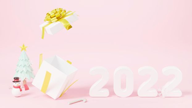 Happy New Year 2022 and Merry Christmas celebration greeting card, Christmas tree, snowman, gift box is open cover and 2022 number on pink background, Web poster banner, 3D Rendering illustration