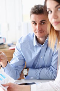 Beautiful smiling businesswoman portrait at workplace look in camera. White collar worker at workspace exchange market job offer certified public accountant internal Revenue officer concept