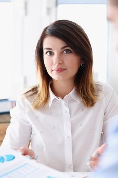 Beautiful smiling businesswoman portrait at workplace look in camera. White collar worker at workspace exchange market job offer certified public accountant internal Revenue officer concept