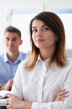 Beautiful smiling businesswoman portrait at workplace look in camera. White collar worker at workspace exchange market job offer certified public accountant internal Revenue officer concept