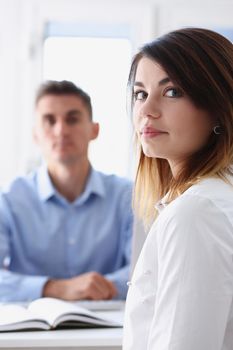 Beautiful smiling businesswoman portrait at workplace look in camera. White collar worker at workspace exchange market job offer certified public accountant internal Revenue officer concept