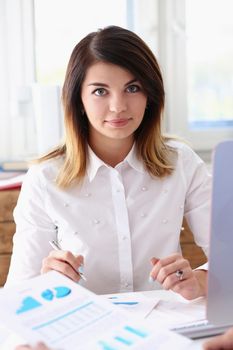 Beautiful smiling businesswoman portrait at workplace look in camera. White collar worker at workspace exchange market job offer certified public accountant internal Revenue officer concept