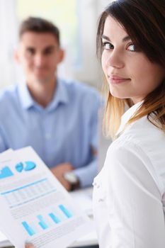 Beautiful smiling businesswoman portrait at workplace look in camera. White collar worker at workspace exchange market job offer certified public accountant internal Revenue officer concept