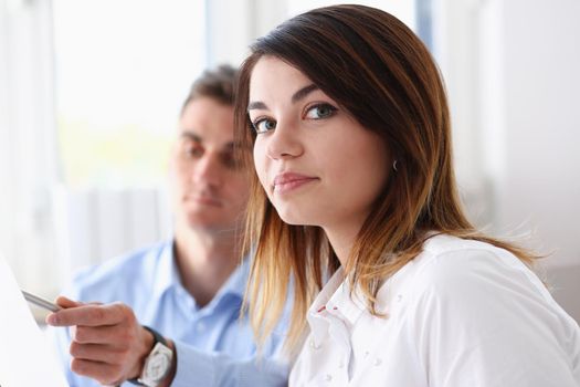 Beautiful smiling businesswoman portrait at workplace look in camera. White collar worker at workspace exchange market job offer certified public accountant internal Revenue officer concept