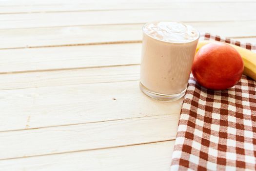 fresh fruit cocktail breakfast dessert organic wood background. High quality photo