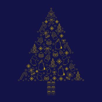 illustration of Christmas tree on dark blue background.