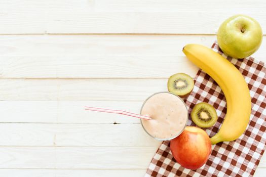 fresh fruit cocktail breakfast dessert organic wood background. High quality photo