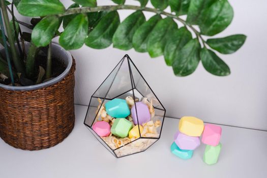 Children's wooden constructors in a glass florarium. Colored cubes of various shapes.