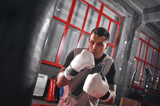 Handsome young muscular sportsman in sports clothing boxing on heavy punch bag. Hard training before big fight in colored boxing gym