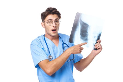 radiologist x-ray diagnostics stethoscope examination work light background. High quality photo