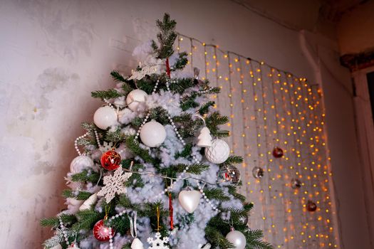 Decorated Christmas tree in the room. Coniferous tree with white and red baubles located near the white wall during the celebration of the holiday.