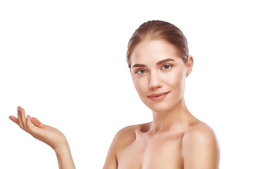 Beautiful womans face left side close up studio photo on white background. Light hair, grey eyes, closed eyes