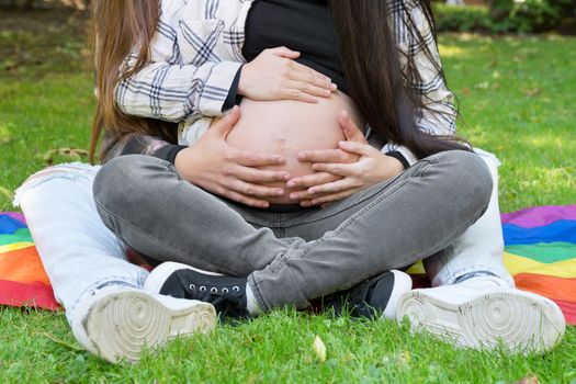 Portrait of unrecognizable affectionate pregnant lesbian couple with rainbow flag, relaxed at the park. Two happy girlfriends. Homosexual relationship. LGBT Community Pride. High quality photo.