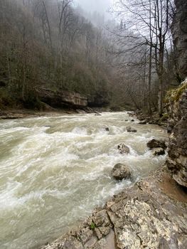 Beautiful landscape of mountain river in amazing and mysterious nature. Mountain waterway flowing through mountainous terrain