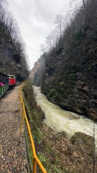 Close up of train going through mountainous terrain. Tourist train riding near river between mountains