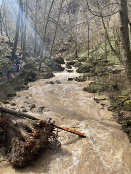 Beautiful landscape of mountain river in amazing and mysterious nature. Mountain waterway flowing through mountainous terrain.