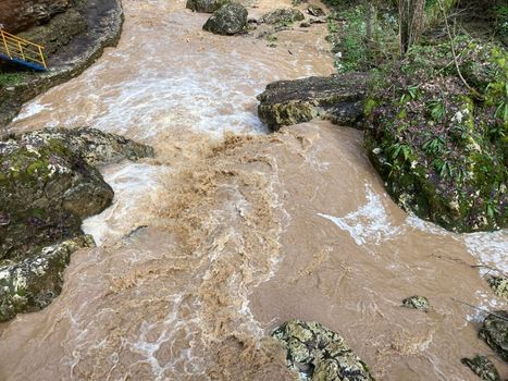 Beautiful landscape of mountain river in amazing and mysterious nature. Mountain waterway flowing through mountainous terrain