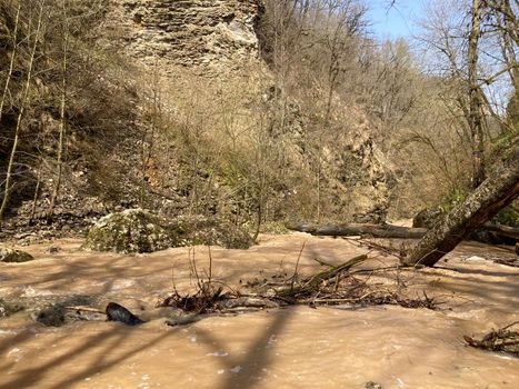 Beautiful landscape of mountain river in amazing and mysterious nature. Mountain waterway flowing through mountainous terrain