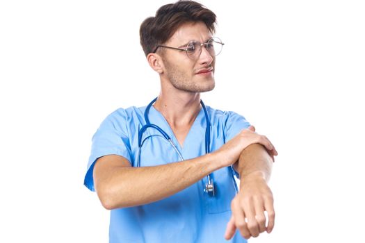 nurse wearing glasses stethoscope posing studio lifestyle. High quality photo