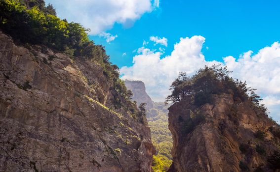 Beautiful landscape of mountain gorge in sunny weather. Nature background of mountains with green vegetation in summertime