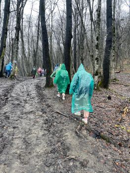 Rear view of tourists in raincoats walking through muddy forest in cloudy and rainy weather. Group of people hiking in wooded and hilly terrain