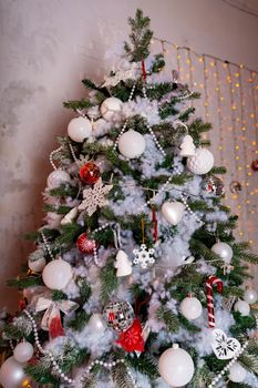 Decorated Christmas tree in the room. Coniferous tree with white and red baubles located near the white wall during the celebration of the holiday.