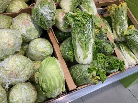 Close up of various cabbage in cardboard boxes on supermarket counter. Concept of agriculture, organic food, healthy eating and diet