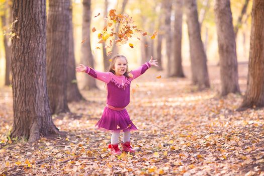 Cute little girl in autumn park with orange and yellow color leaves.