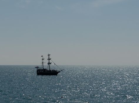 SOCHI, LAZAREVSKOE, RUSSIA - 28-05-2021. Pirate ship. Pleasure pirate ship on the background of the sea.