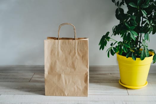 Kraft shopping bag. A package of eco-friendly material. Delivery of groceries to the house. A bag of craft paper stands on the floor near a house plant in a yellow plastic pot. Home delivery.