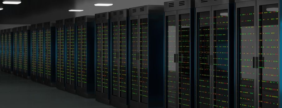 Servers racks in server room cloud data center. Datacenter hardware cluster. Backup, hosting, mainframe, mining, farm and computer rack with storage information. 3D rendering. 3D illustration