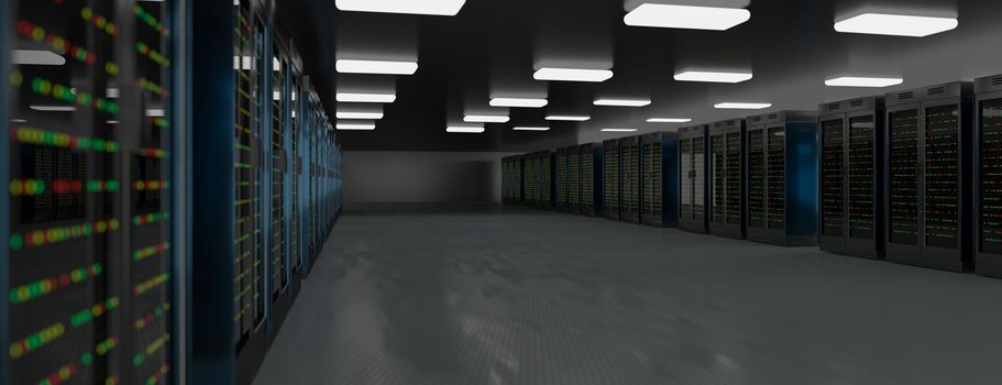 Servers racks in server room cloud data center. Datacenter hardware cluster. Backup, hosting, mainframe, mining, farm and computer rack with storage information. 3D rendering. 3D illustration