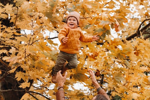 a father throws a child against the background of autumn leaves in the Park. dad throws up his son on the autumn leaves