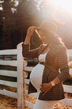 a pregnant girl with a big belly in a hat near a horse corral in nature at sunset.Stylish pregnant woman in a brown dress with horses