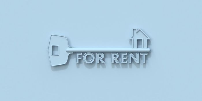 Blue house key for rent concept 3D rendering illustration isolated on blue background