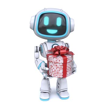 Cute blue robot giving git box 3D rendering illustration isolated on white background