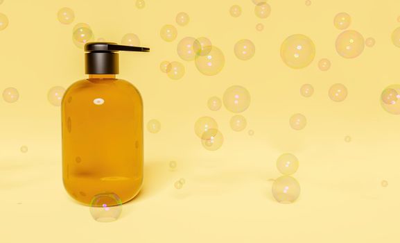 hand gel bottle on yellow background with soap bubbles around it. 3d rendering