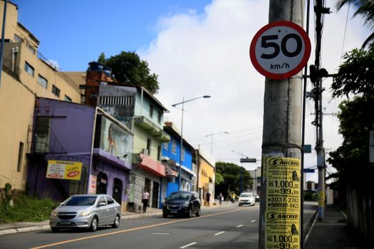 salvador, bahia, brazil - july 20, 2021:traffic sign indicating the limit of 50 kilometers per hour in the city of Salvador.