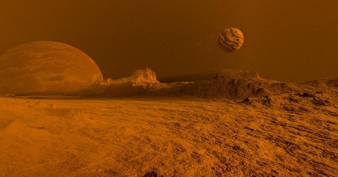 dry terrain of another planet with more planets on the horizon and starry sky. 3d illustration