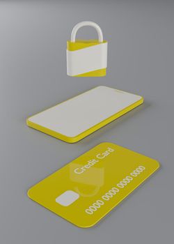 yellow credit card with yellow and white mobile phone and padlock on top on gray background. 3d render